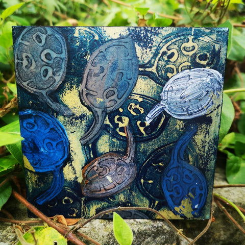 Lunaria - Mixed Media Collage Art Work on Wood Canvas